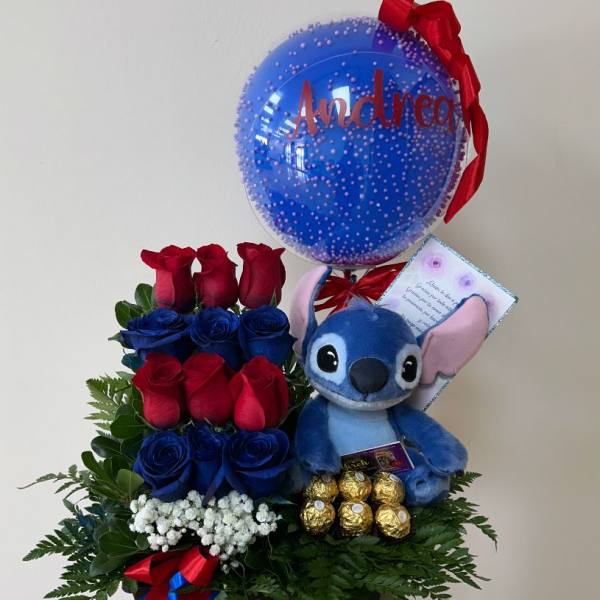 Bouquet with red and blue roses, a Stitch plush, chocolates, and a blue balloon