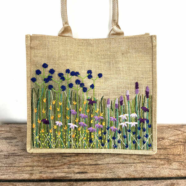 Burlap tote bag with embroidered wildflowers