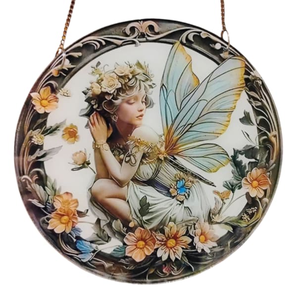 Round hanging plaque with a fairy and flowers