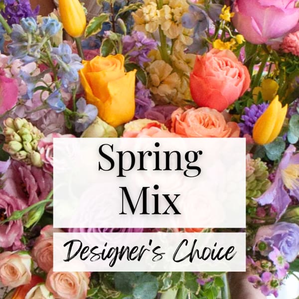 Mixed bouquet of colorful spring flowers with text overlay