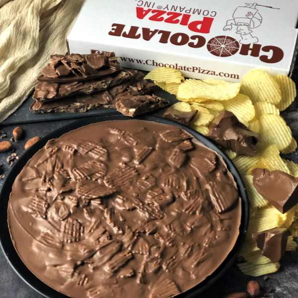 Chocolate pizza gift box with chocolate bark and potato chips