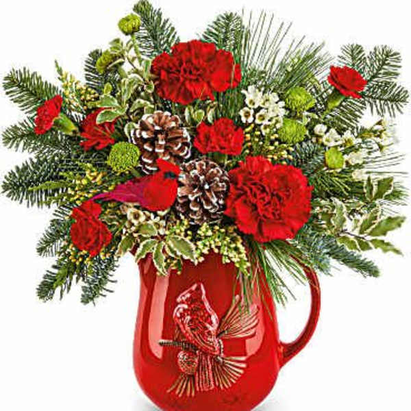 Red carnations and pine in a red holiday pitcher