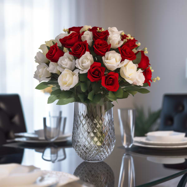 Red and white roses arranged in a clear glass vase