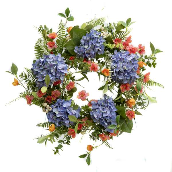 Circular floral wreath with blue hydrangeas and orange-pink blossoms