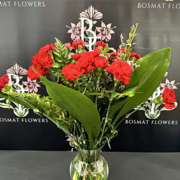 Red carnations in a clear glass vase with broad green leaves