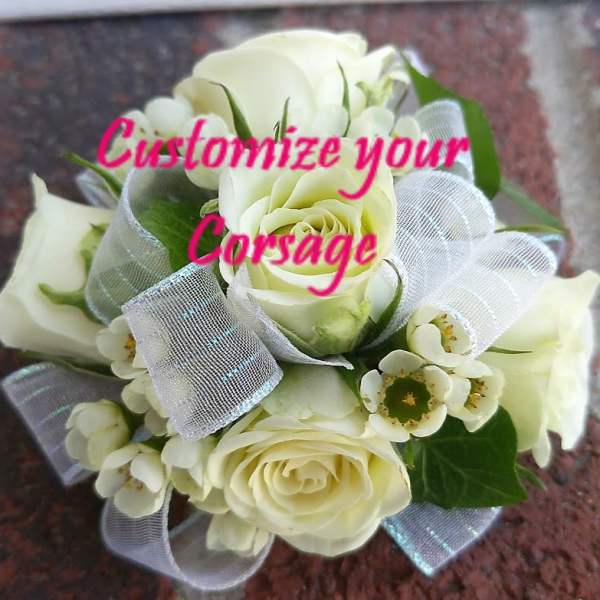 White rose corsage with sheer ribbon accents