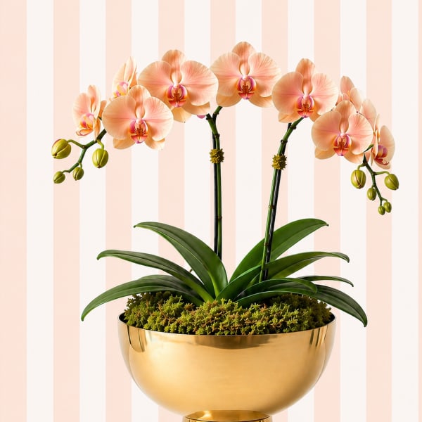 Peach Orchid Garden – Double Stem | Luxe Gold Bowl