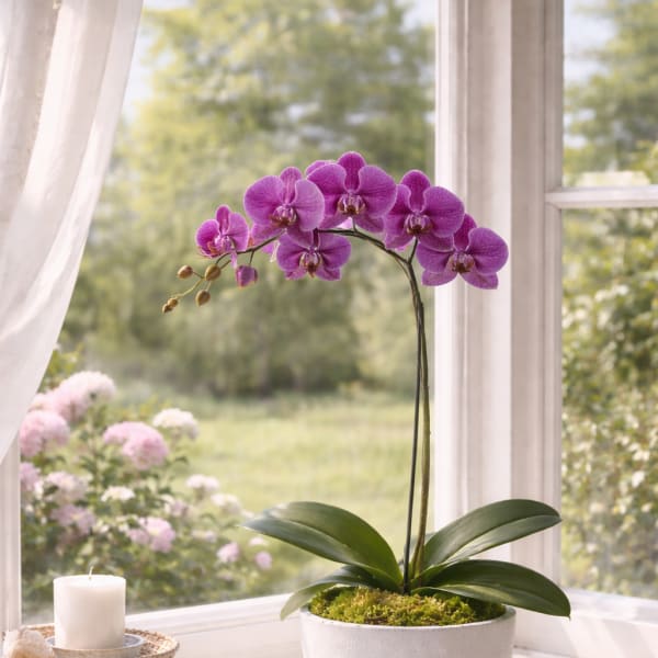 Purple orchid in a white pot on a windowsill beside a candle