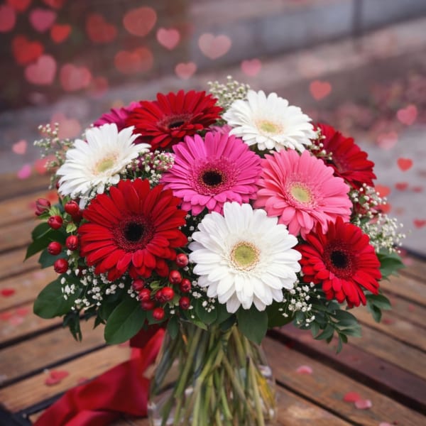 Bouquet of red, pink, and white gerbera daisies in a glass vase
