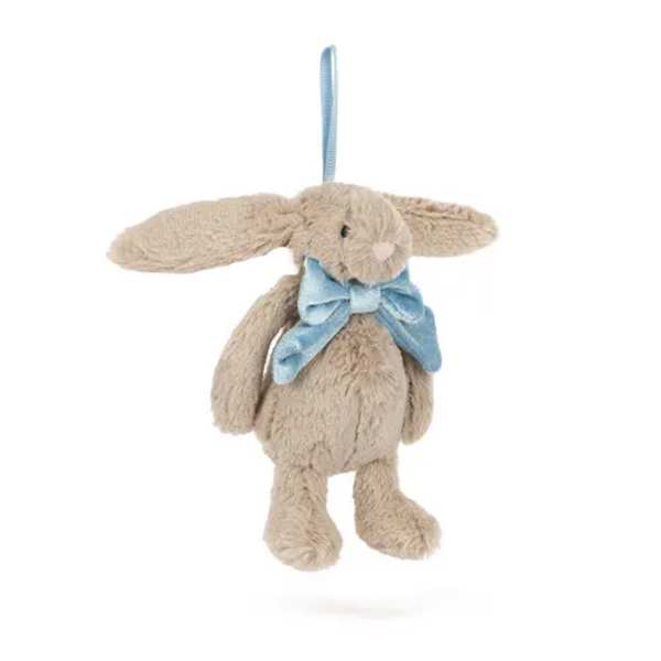 Beige plush bunny with a blue ribbon hanging by a loop
