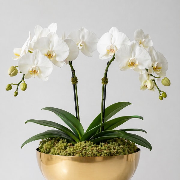 White Orchid Garden – Double Stem | Luxe Gold Bowl