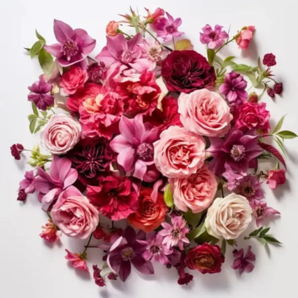 Pink and burgundy mixed flower bouquet on a white background