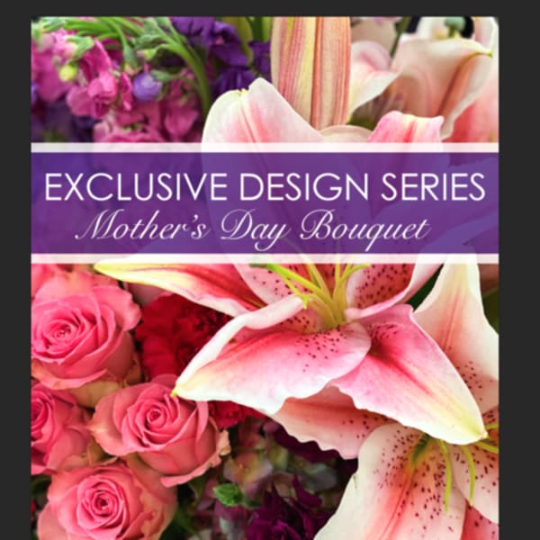 Pink roses and lilies with a Mother's Day bouquet label
