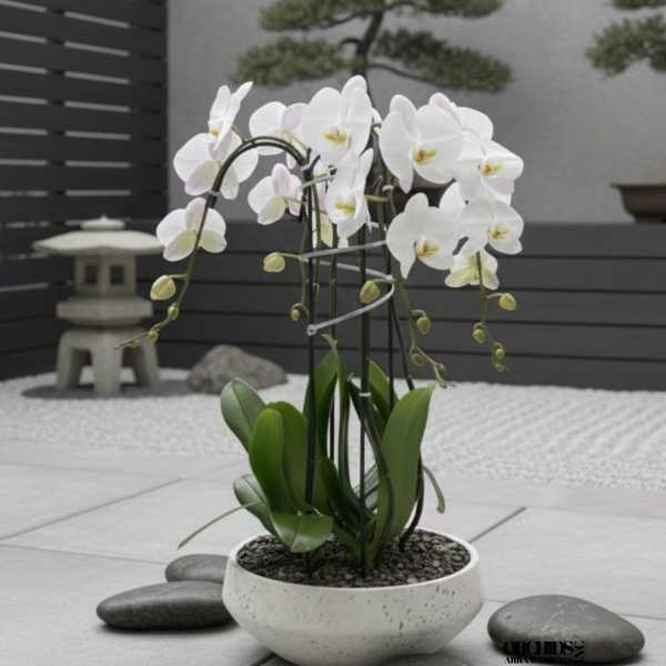 White orchid plant in a shallow ceramic bowl with stones