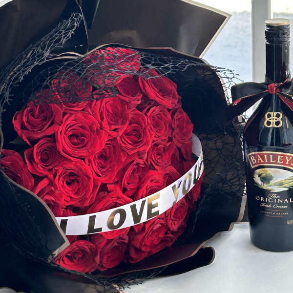 Red roses with a gift