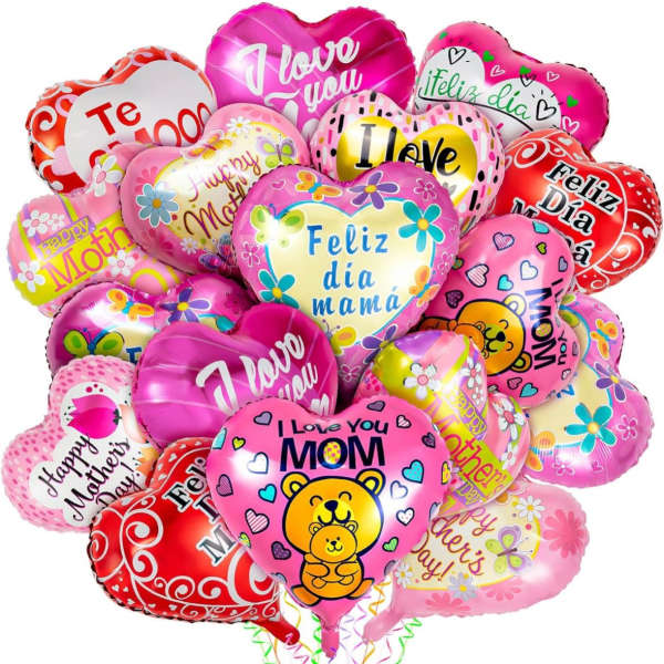 Cluster of heart-shaped foil balloons with Mother’s Day and love messages