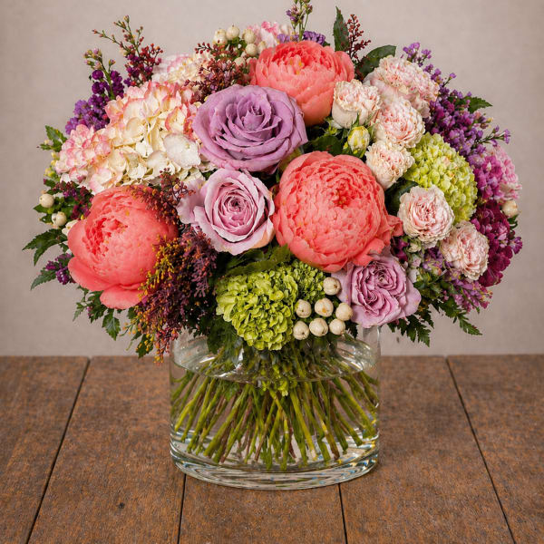 Velvet Peony Garden – Roses & Hydrangea Arrangement