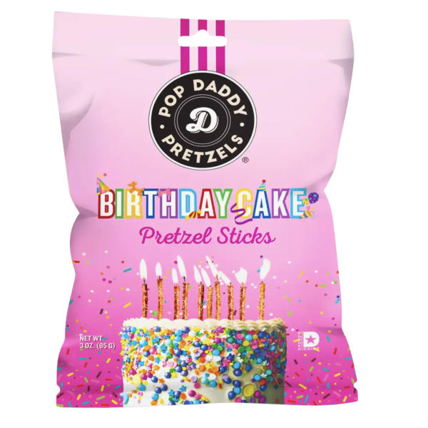 Pink bag of Pop Daddy Birthday Cake Pretzel Sticks