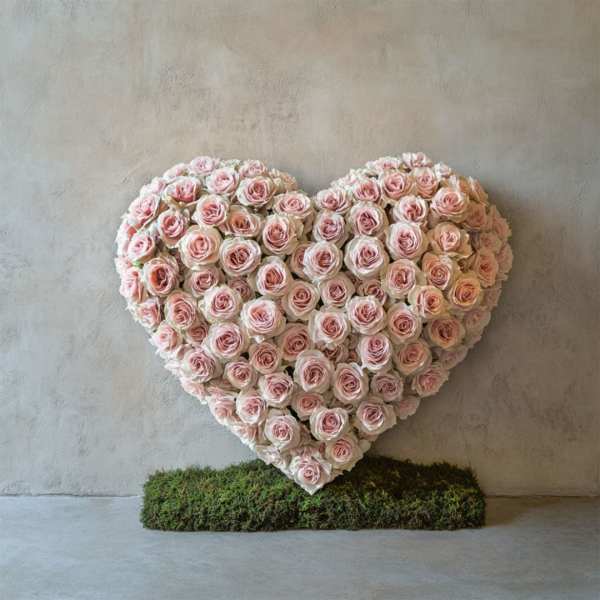Heart-shaped arrangement of pale pink roses on a moss base