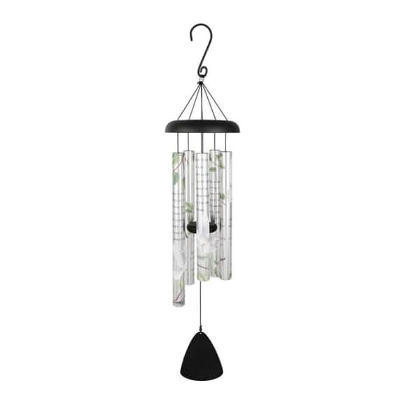 Black hanging wind chime with silver tubes and a bell-shaped weight