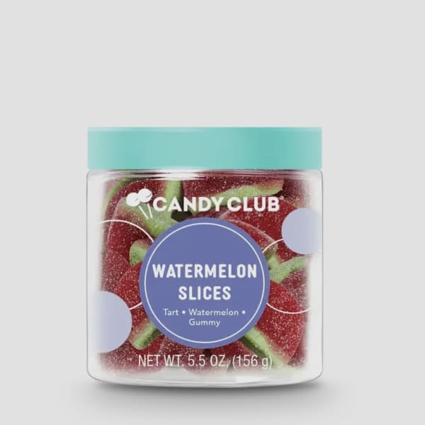 Jar of watermelon slice gummy candy with a teal lid