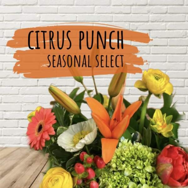 Mixed bouquet with orange, yellow, red, and white flowers