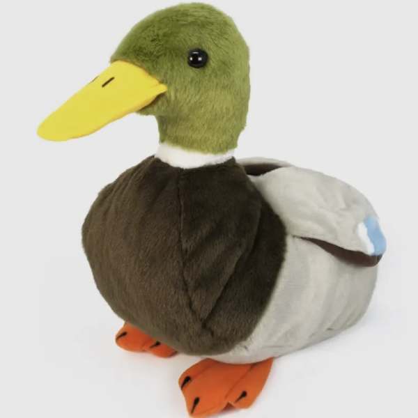 Plush duck toy with a green head and yellow beak