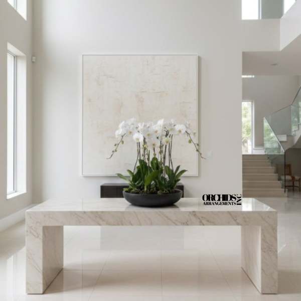 White orchid arrangement in a black bowl on a marble table