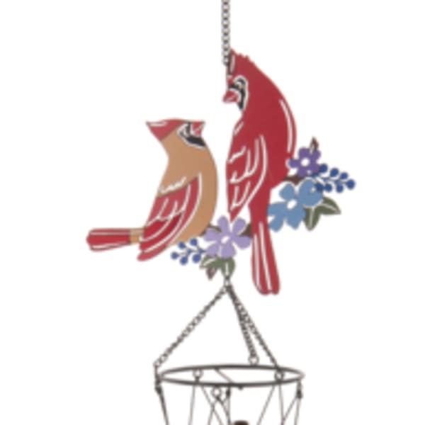 Hanging wind chime with two red birds and small flower accents