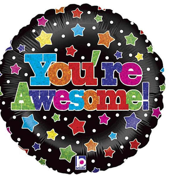 Round black balloon with colorful stars and "You're Awesome!" text