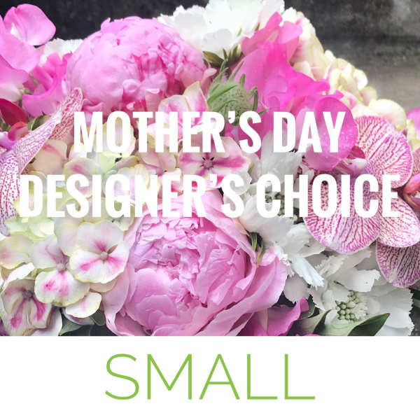 Pink and white floral arrangement with Mother's Day text