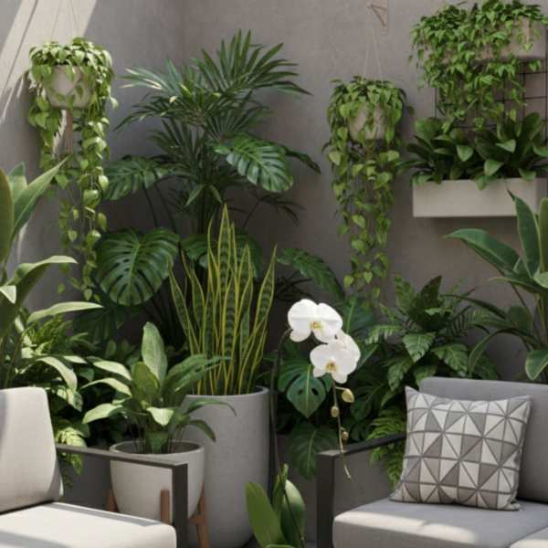 White orchid in a white pot on a concrete table, surrounded by potted houseplants