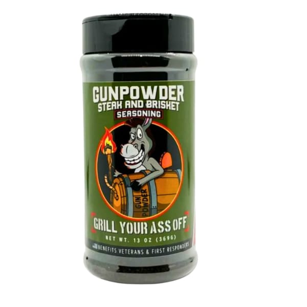 Jar of steak and brisket seasoning with a cartoon donkey label
