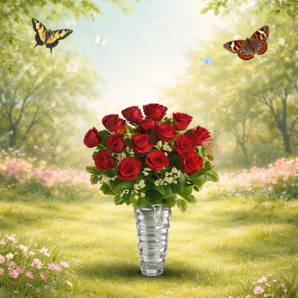 Red roses arranged in a clear glass vase with butterflies above