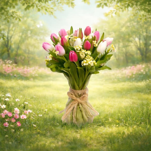 Bouquet of pink and white tulips tied with a burlap ribbon