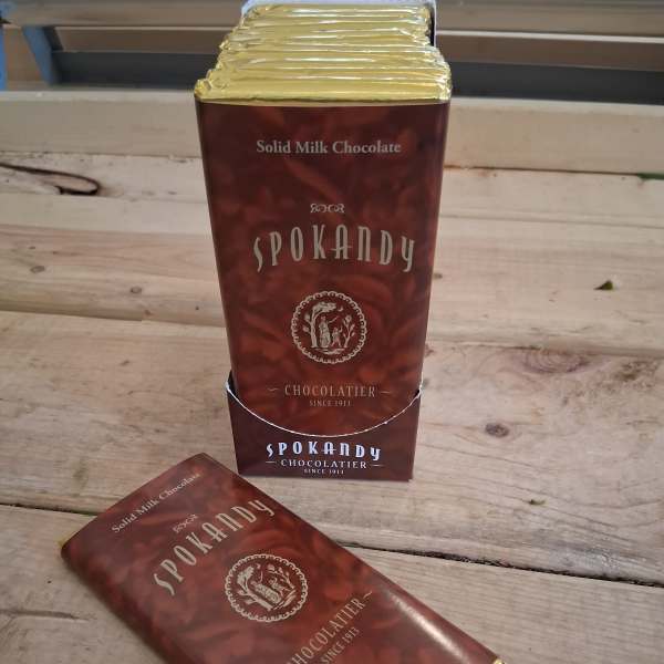 Two wrapped milk chocolate bars on a wooden surface