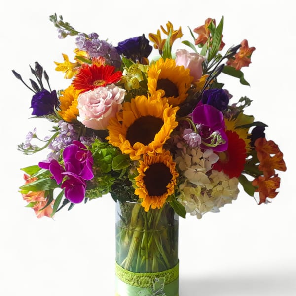 Tall mixed arrangement with sunflowers, roses, gerbera daisies and orchids in a clear glass vase with green ribbon