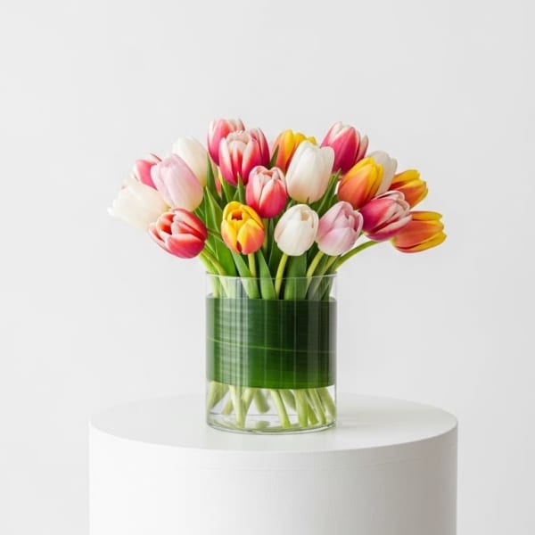Bouquet of multicolored tulips in a clear glass vase