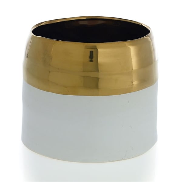 Gold and white ceramic vase with a wide open top