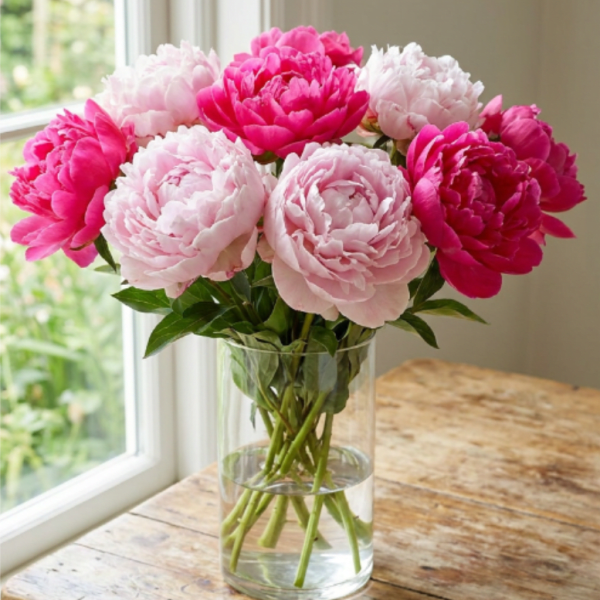Pink and pale blush peonies arranged in a clear glass vase