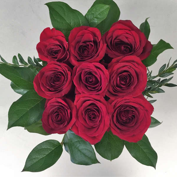 Bouquet of red roses with green leaves