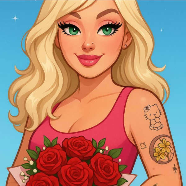 Illustration of a blonde woman holding a bouquet of red roses