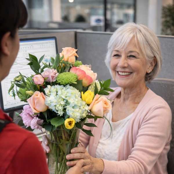 Woman receiving pastel bouquet of peach roses, yellow tulips, and blue hydrangea in a clear glass vase