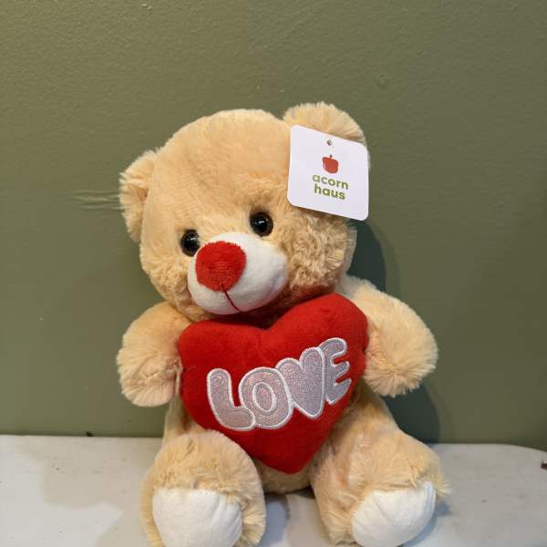 Plush teddy bear holding a red heart with the word LOVE
