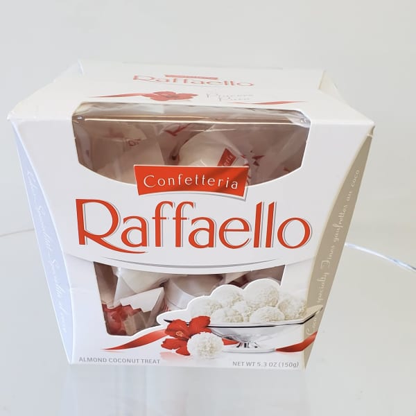 Box of Raffaello almond coconut treats with red and white packaging