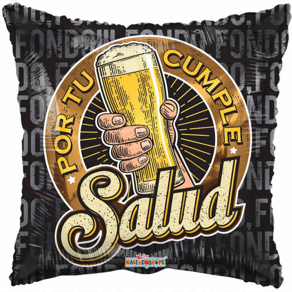 Black beer-themed balloon with a hand holding a pint and the word "Salud"