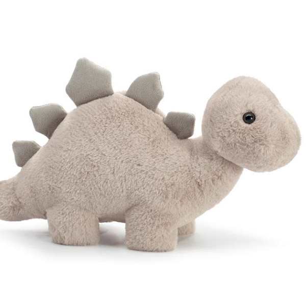 Plush dinosaur toy in light beige with gray back spikes