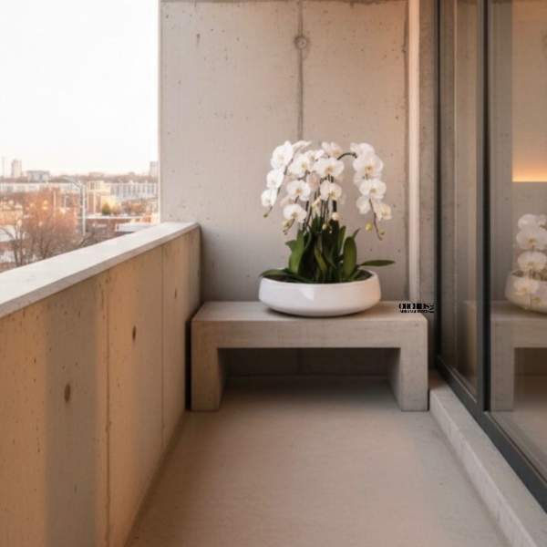 White orchids in a low white planter on a balcony