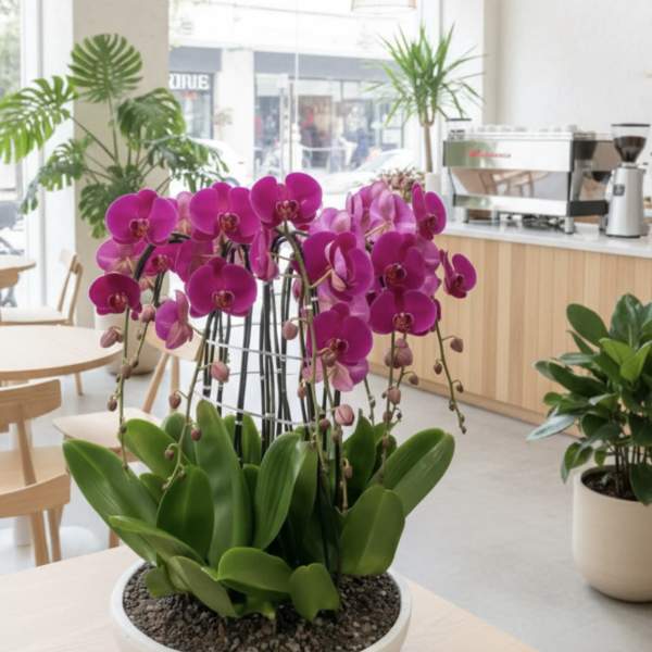Potted pink orchids in a white bowl planter