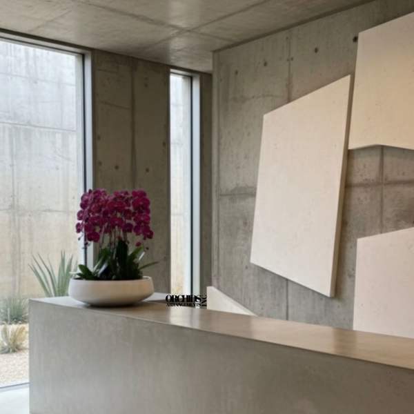 Purple orchid arrangement in a white bowl on a concrete counter